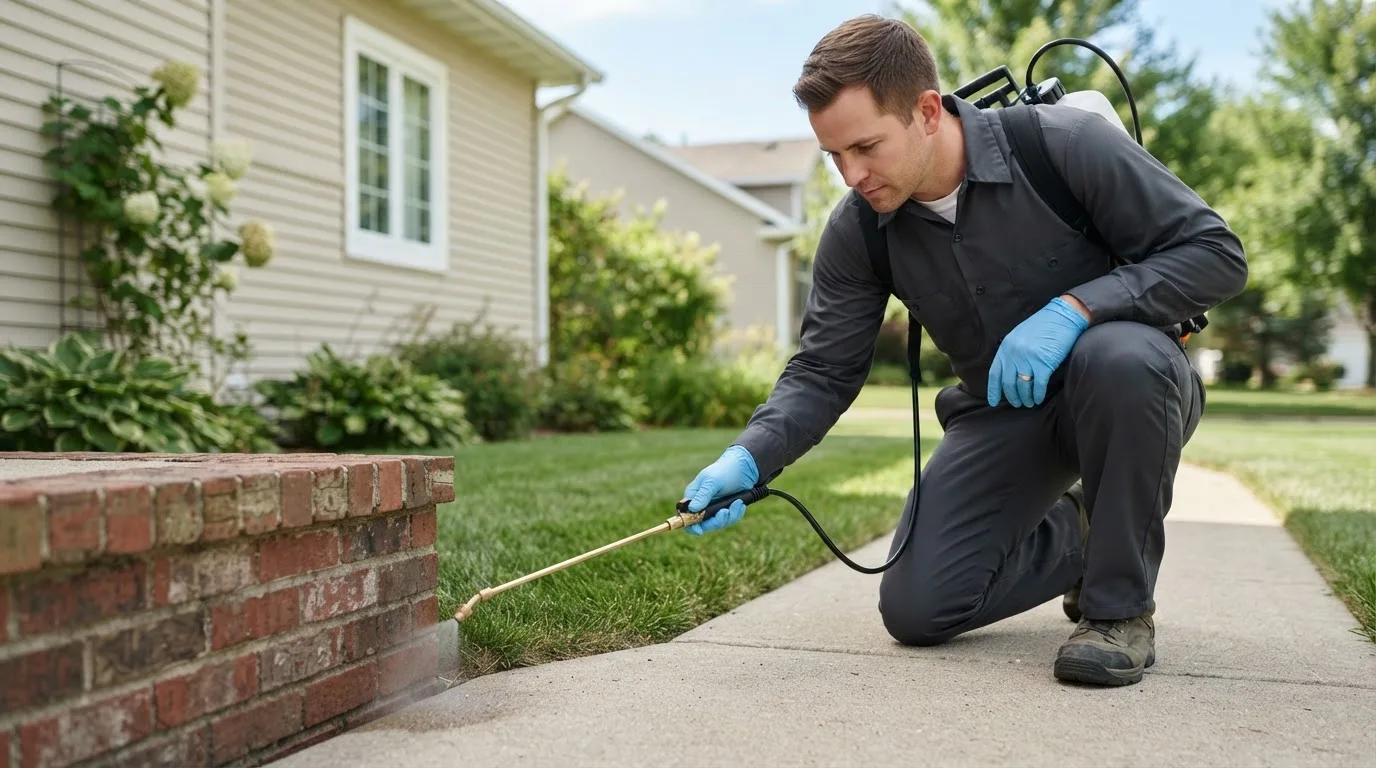Pest control technician treating a home near Lorain, OH